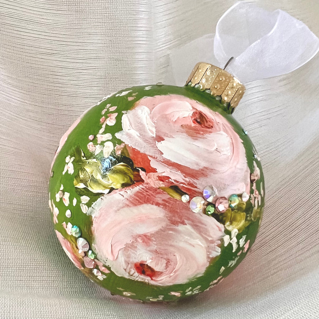 Green with Pink Roses #5 Ornament 3"