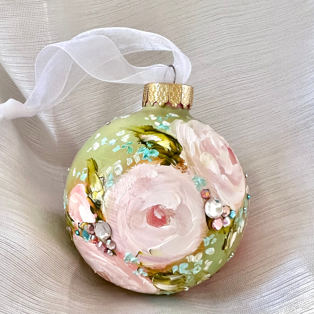 Green with Pink Roses #24 Ornament 3"
