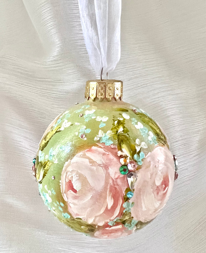 Green with Pink Roses #2 Ornament 3"