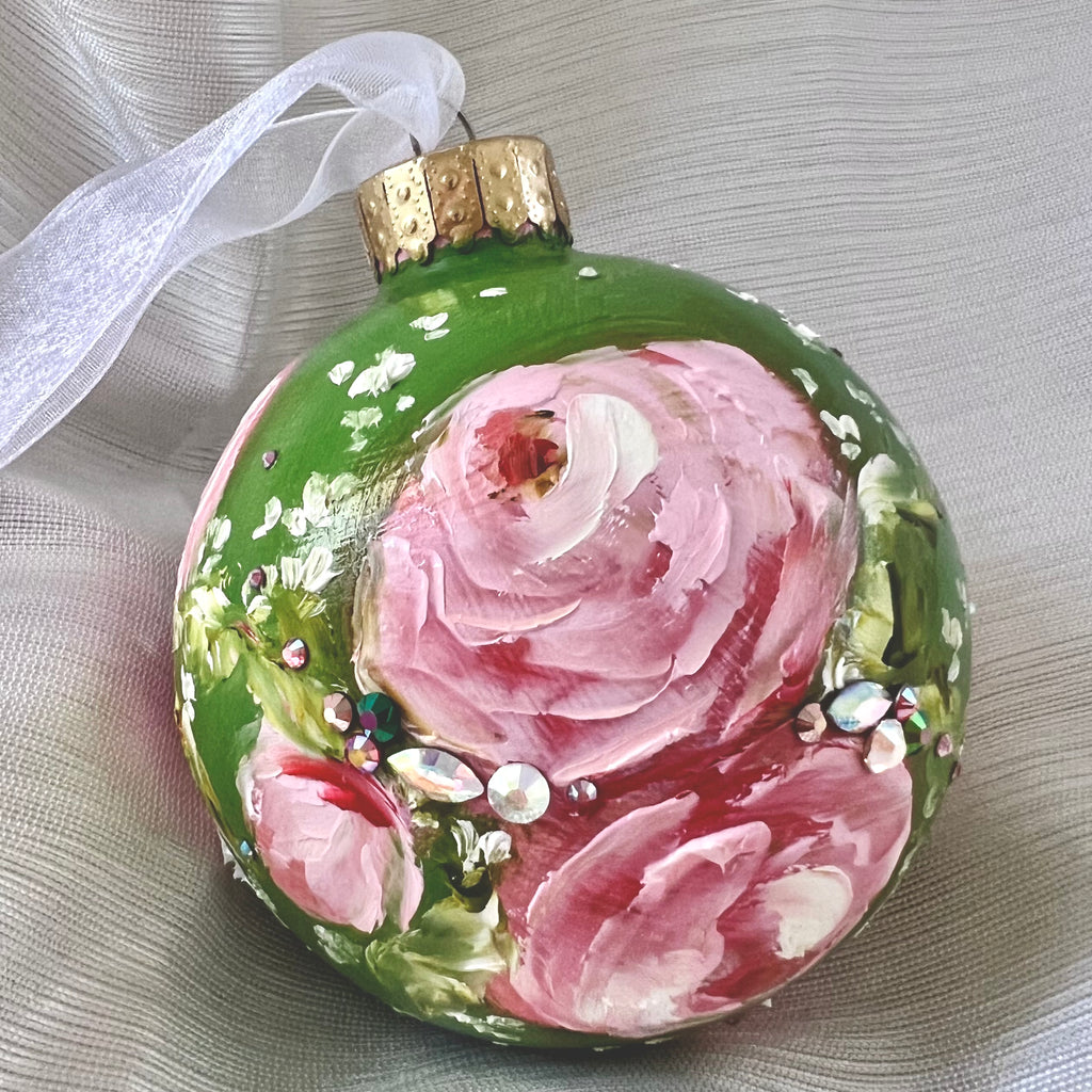 Green with Pink Roses #26 Ornament 3"