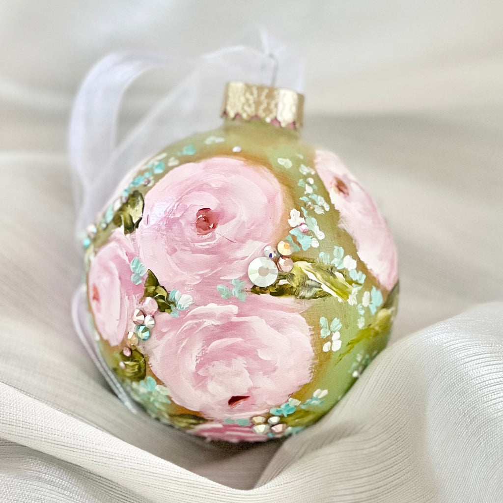 Green with Pink Roses #1 Ornament 3"