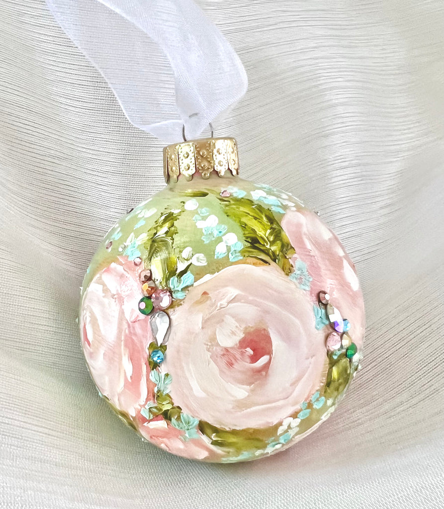 Green with Pink Roses #2 Ornament 3"