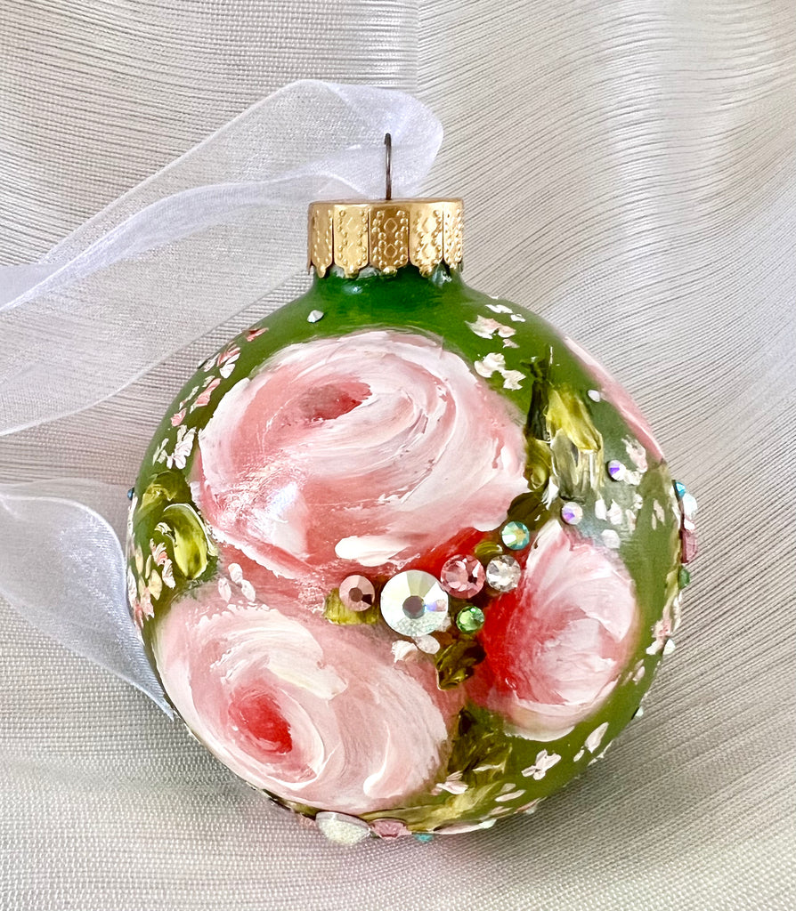 Green with Pink Roses #6 Ornament 3"