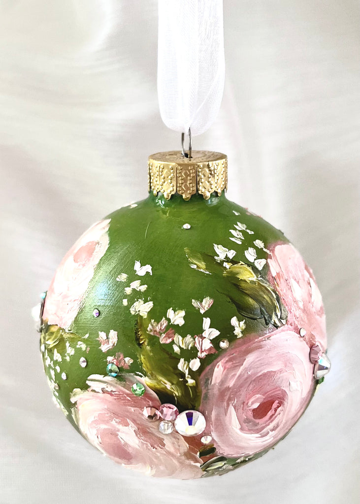 Green with Pink Roses #6 Ornament 3"