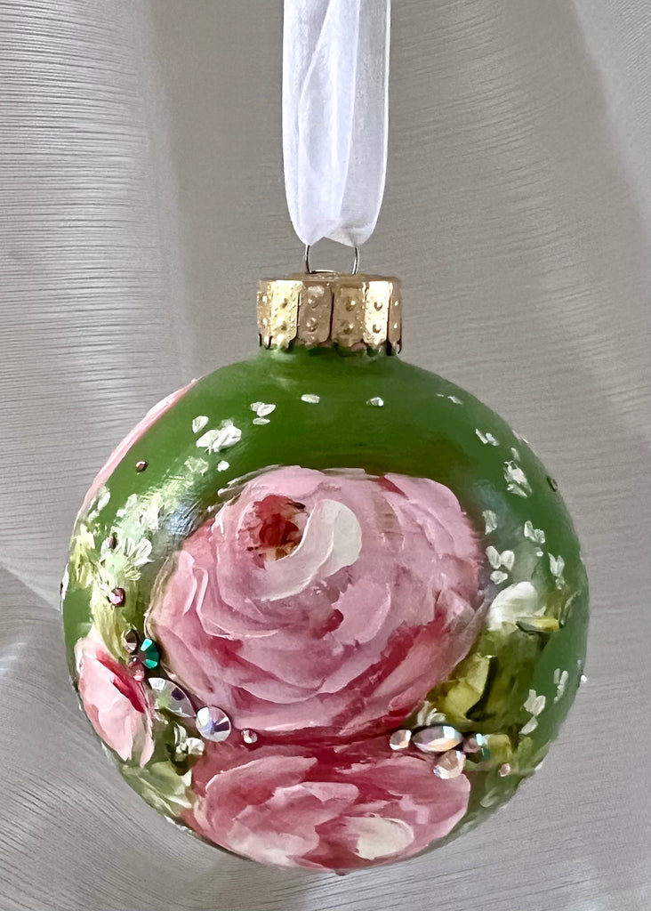 Green with Pink Roses #26 Ornament 3"