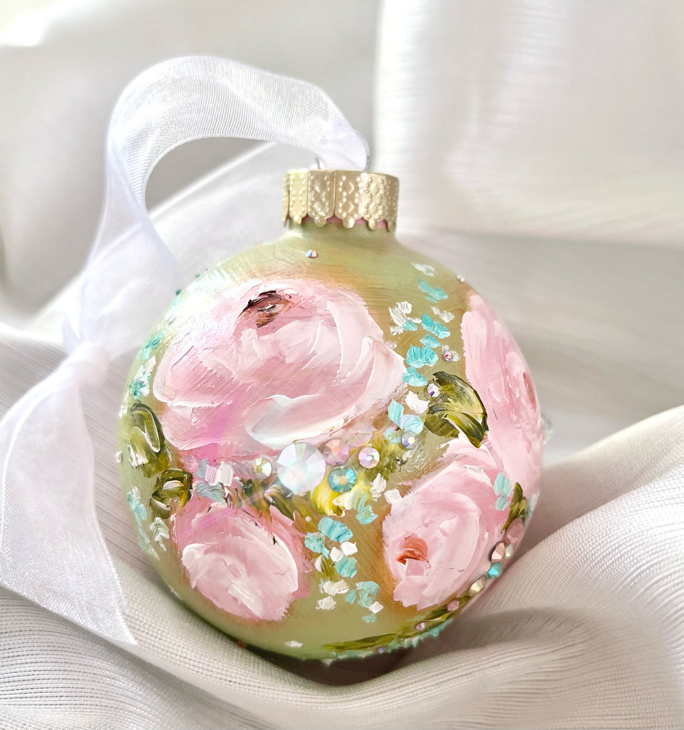 Green with Pink Roses #1 Ornament 3"
